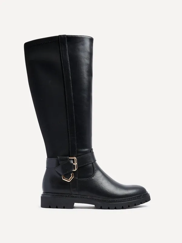 Regent Black Faux Leather High Leg Boot - Linzi