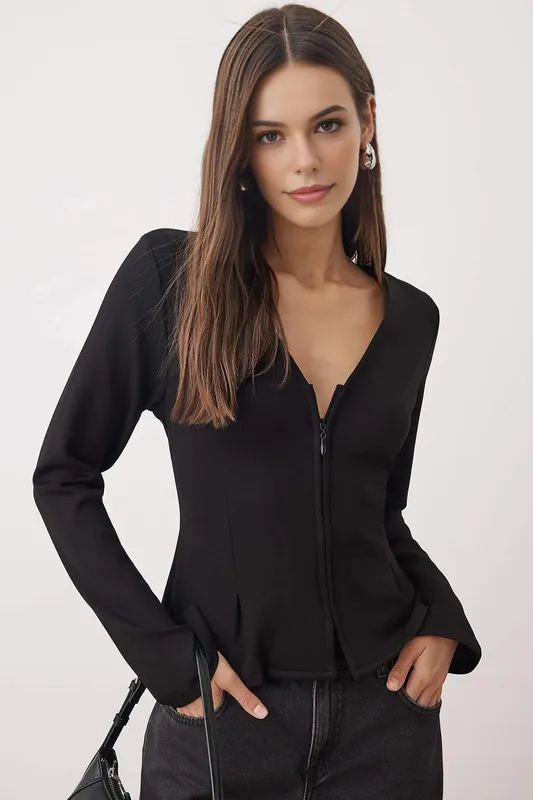 V Neck Zip Front Regular Knit Blouse with Shaped Fit - WOVCOR