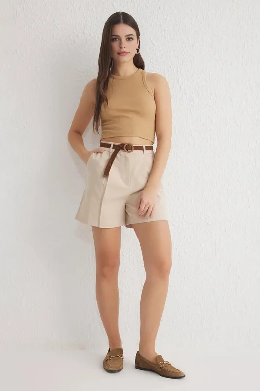 High Waisted Belted Cotton Short - WOVCOR