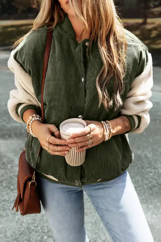 Mist Green Corduroy Fleece Patchwork Buttoned Bomber Jacket - Everyday The Label