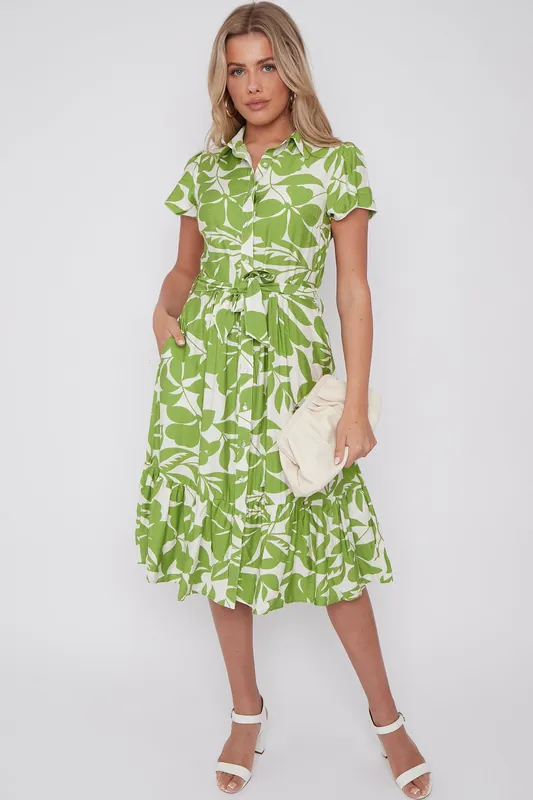 Lime Green Leaf Printed Short Sleeve Midi Dress - Love Sunshine