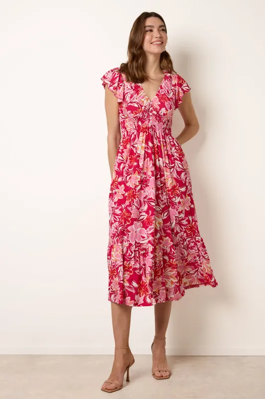 Pink Tropical Print Flutter Sleeve Midi Dress - Blue Vanilla