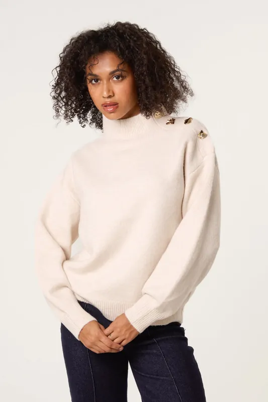 Stone Turtle Neck Shoulder Brooch Detailed Jumper - Blue Vanilla
