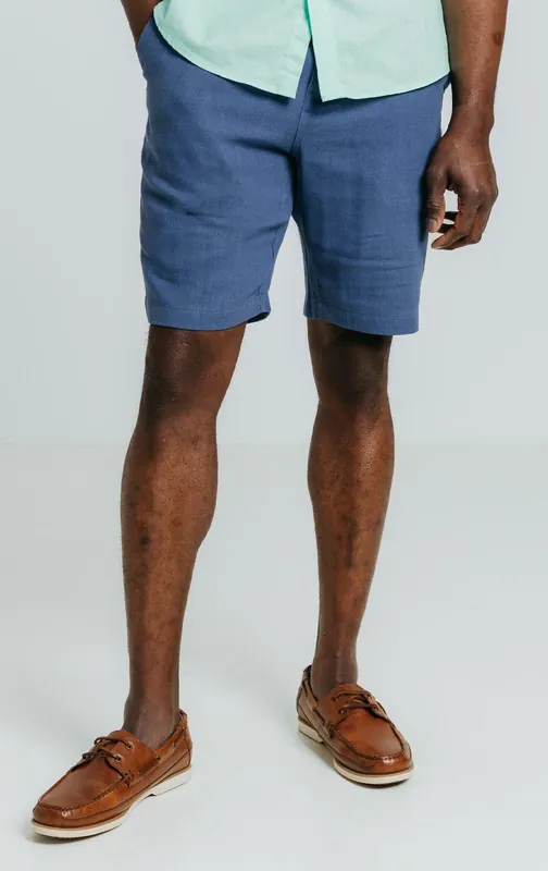 Blue Herringbone Linen Casual Shorts - Dobell
