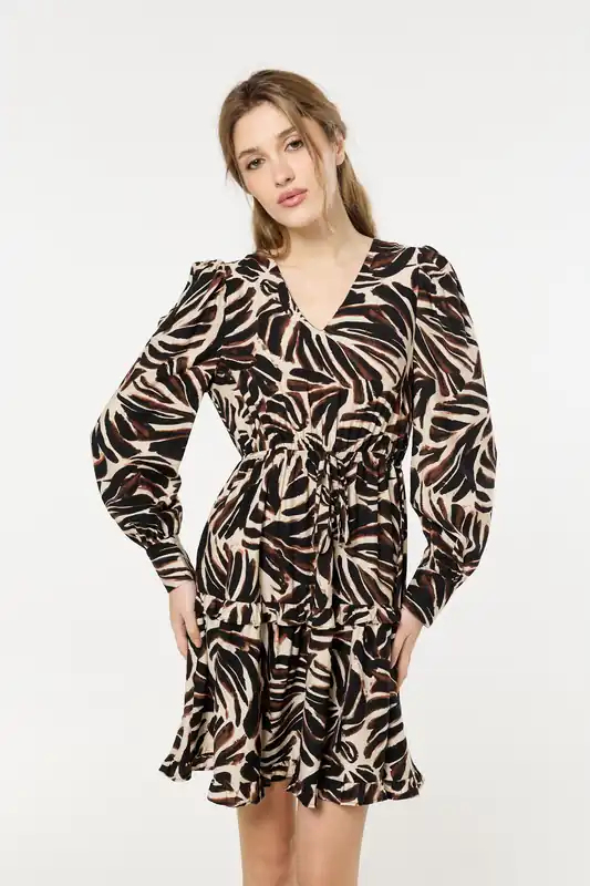 Brown Leaf Print Long Sleeve Mini Dress - Liquorish