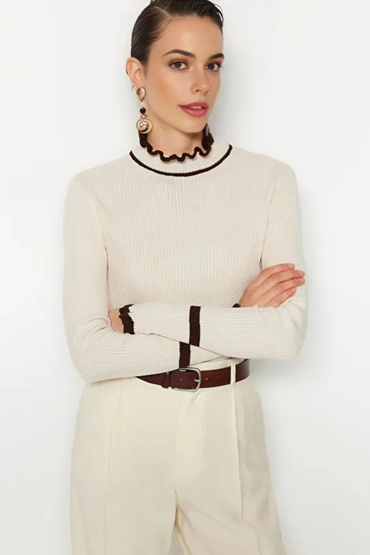 Colour Block Rib-Knit Long Sleeve Sweater