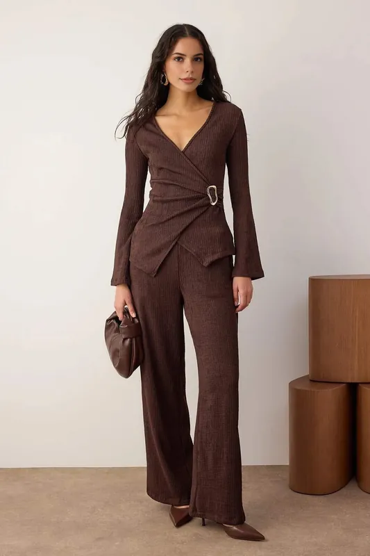 Knit Wrap Top and Wide Leg Trousers Co-Ord Set with Buckle Detail