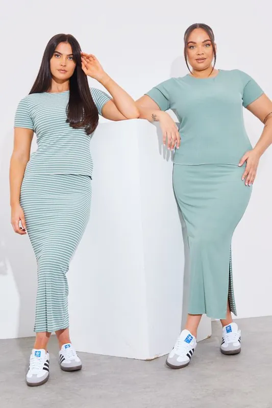 Sage Reversible Stripe Co-Ord Midi Skirt