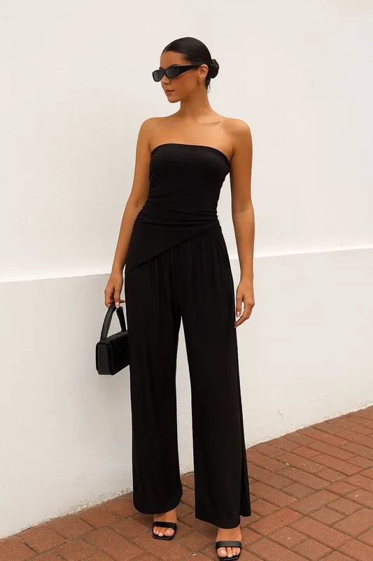 Ruched Bandeau Crop Top and Wide Leg Trouser - Co-ord Set