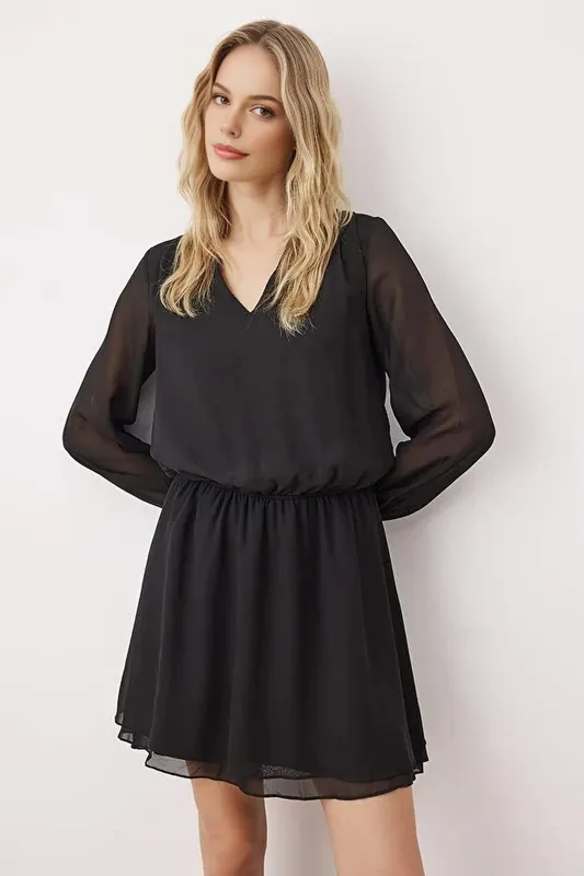 V Neck Long Sleeve Mini Woven Dress with Chiffon Skirt - WOVCOR