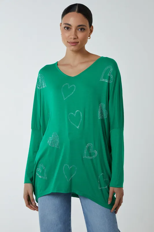 Green Hotfix Multi Heart Batwing Top - Blue Vanilla