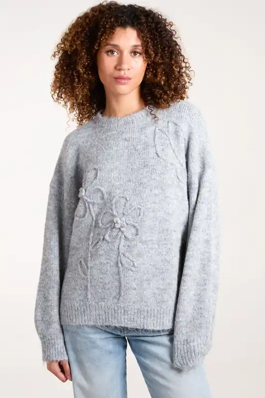 Knit Flower Embroidery Jumper - Blue Vanilla