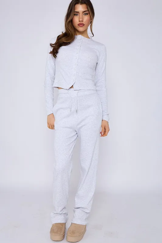 Ribbed Button Detail Crop Top and Wide Leg Trouser Co-ord