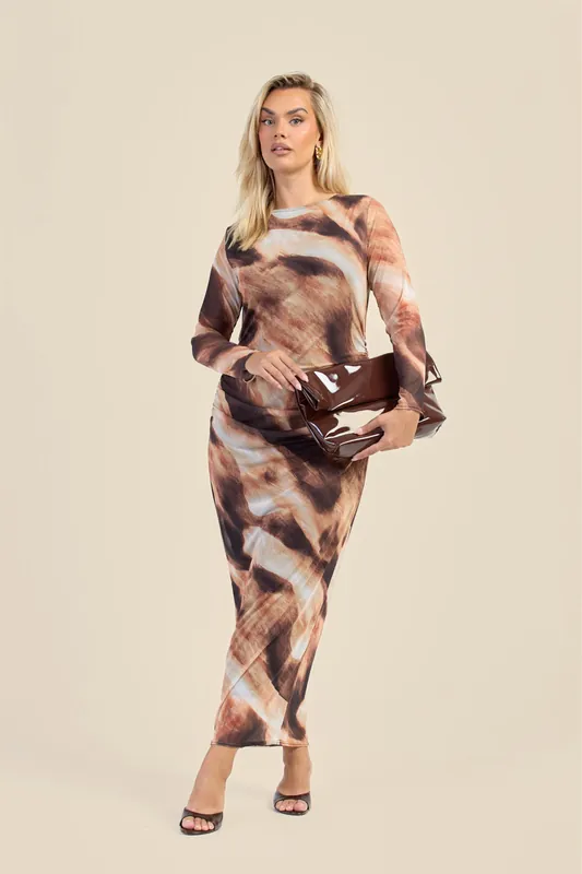 Curve Long Sleeve Mesh Abstract Print Midaxi Print - FASHION-SZN