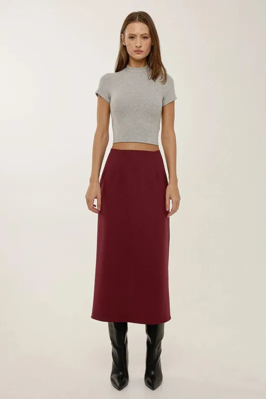 Burgundy High Waist Midi Skirt - Hiccup