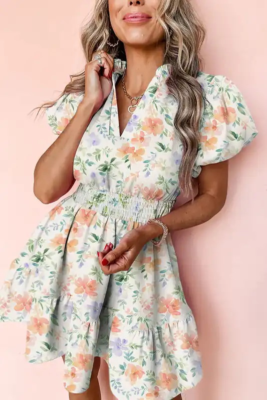 Beige Floral Print Shirred High Waist Puff Sleeve Mini Dress - Everyday The Label