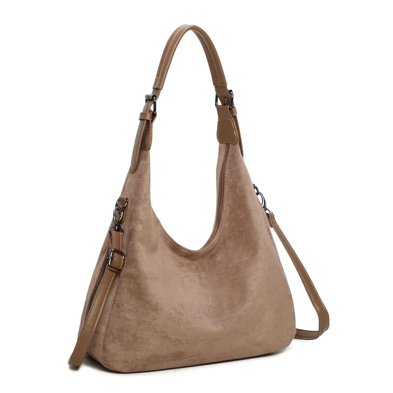 Stylish Faux Suede Hobo Shoulder Handbag With Side Zip Detail - Kitise