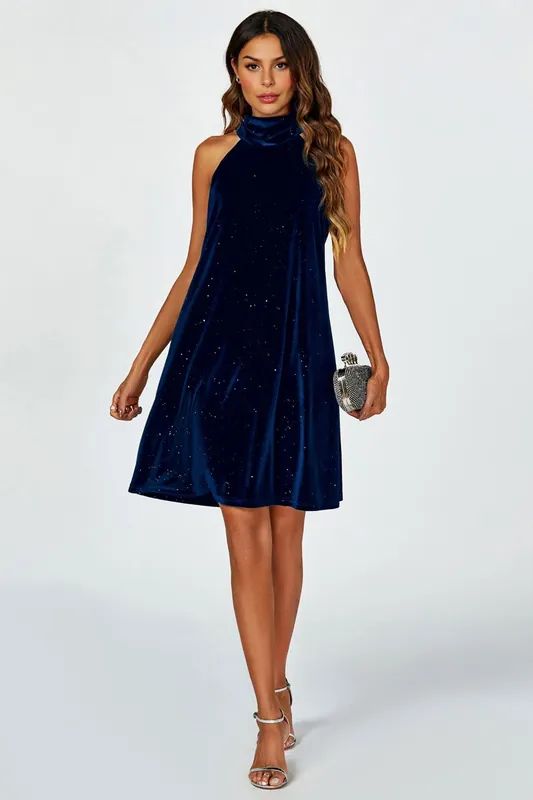Silver Foil Velvet Halter Neck Tie Back Mini Dress In Navy - FS Collection