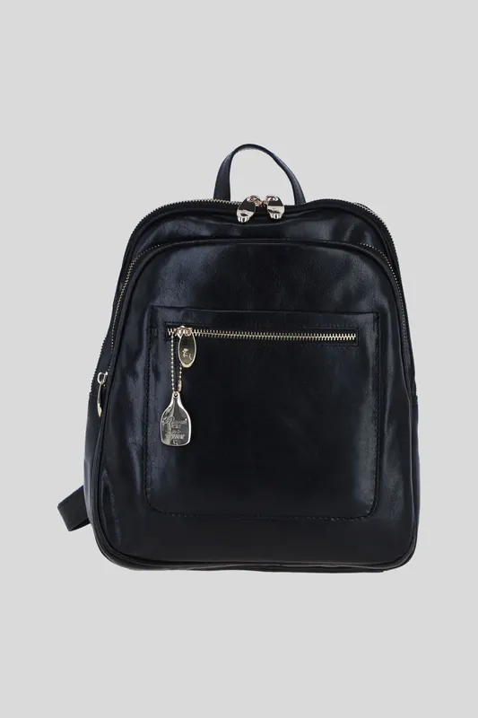 Real Leather Backpack with Multiple Pockets and Gold-Tone Hardware