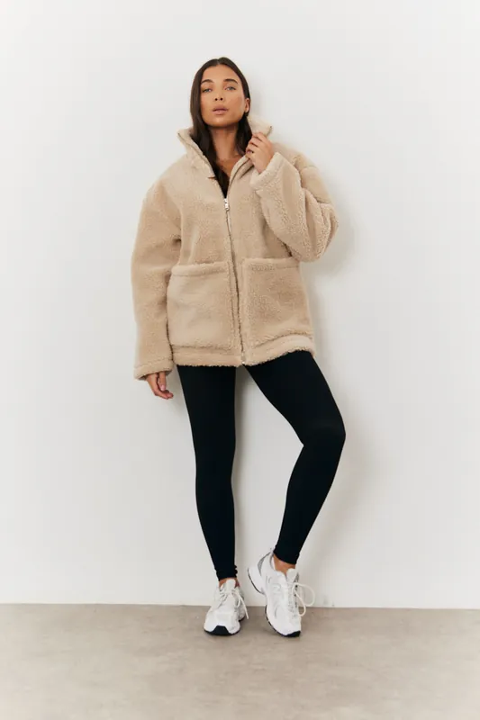 Stone Teddy Borg Zip Through Jacket - In The Style