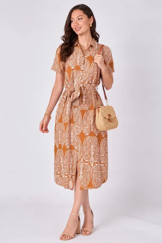 Rust Paisley Print Short Sleeve Midi Shirt Dress - Love Sunshine