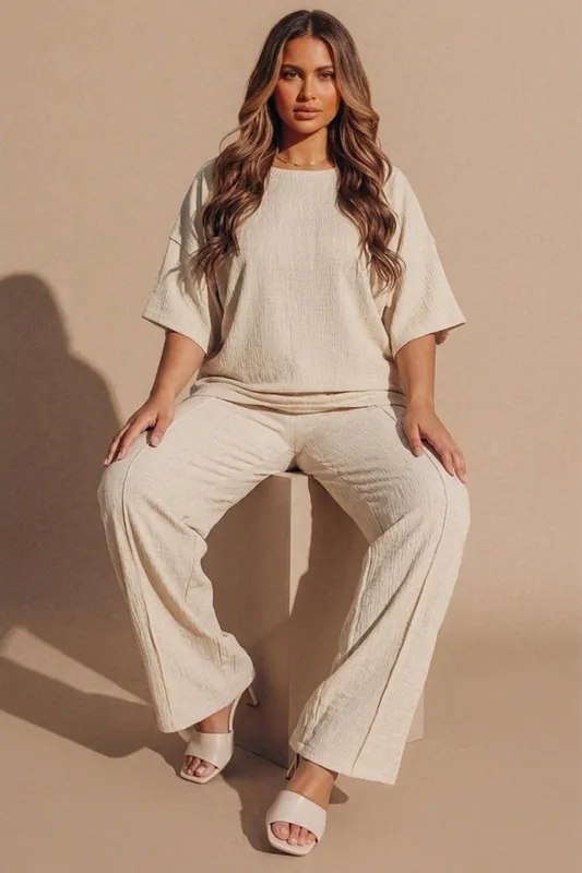 Beige Relaxed Fit Ribbed Top And Trouser Set- Cnyon