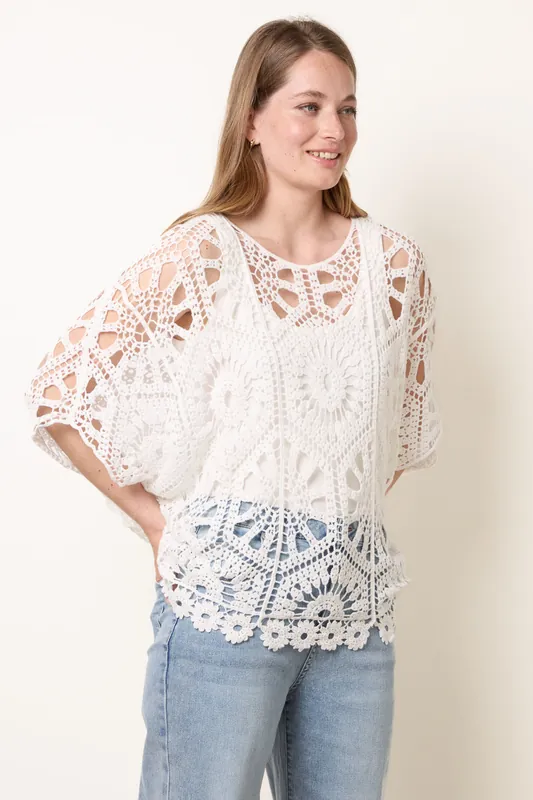 White Crochet Detailed Kimono Top - Blue Vanilla