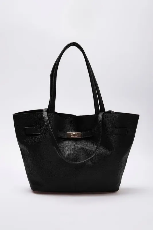 Turn Lock Pebbled Tote Shoulder Bag - WOVCOR