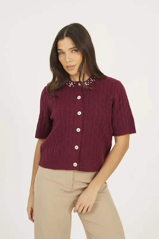 Embellished Crew Neck Cable Knit Cardigan - Brave Soul