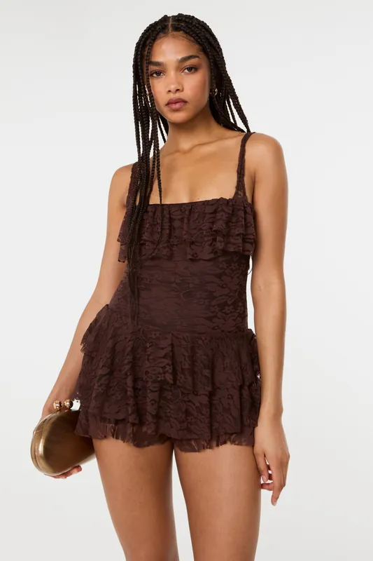 Brown Frill Front Lace Square Neck Playsuit - Pink Vanilla