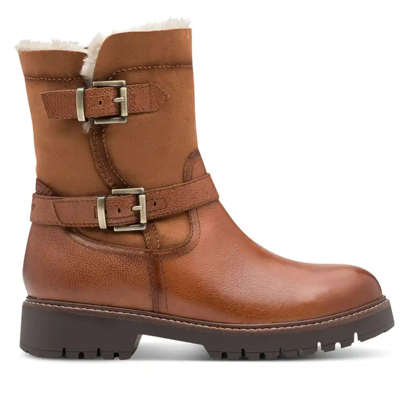 Tamaris Winter Cognac Tan Leather Buckle Zip Biker Ankle Boots - Infinity Leather