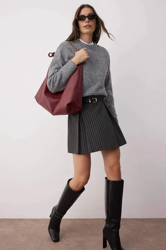 Pinstripe A-Line Woven Mini Skirt with Belt