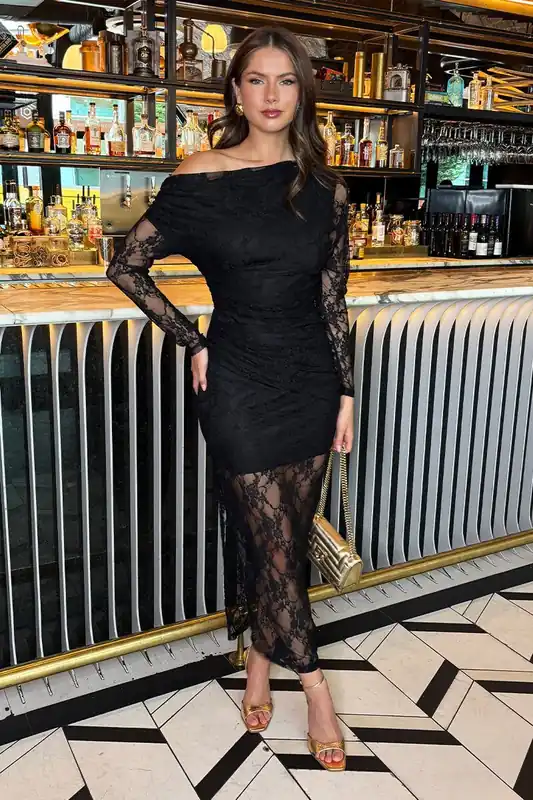 Black Lace Overlay Off The Shoulder Long Sleeve Midi Dress - AX Paris