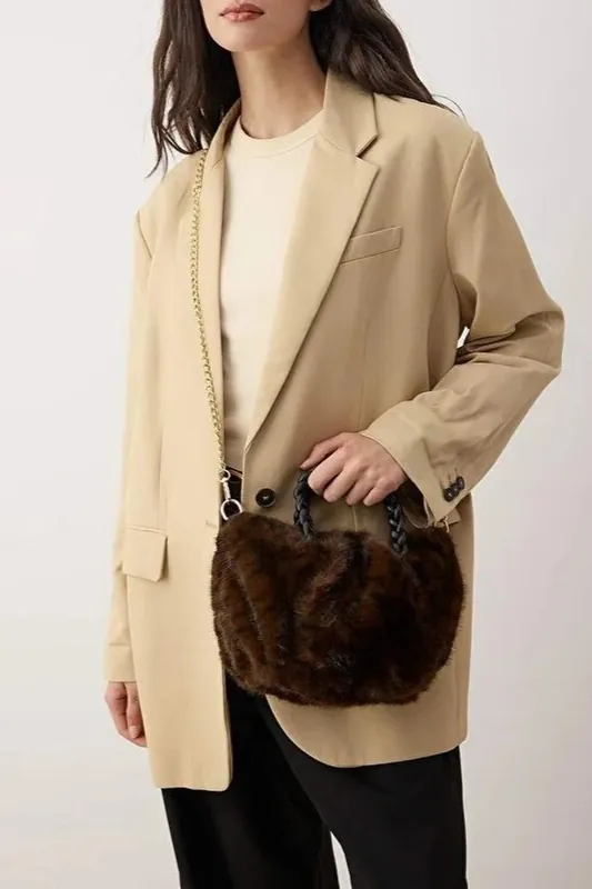 Women's Faux Fur Gathered Shoulder Bag with Braided Handle - WOVCOR