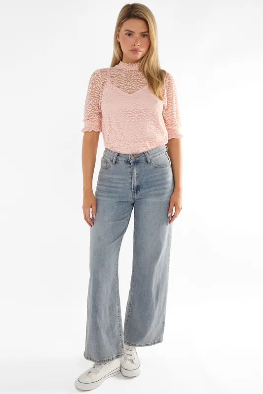 Blush High Neck Lace Loose Fit Blouse - Gini London