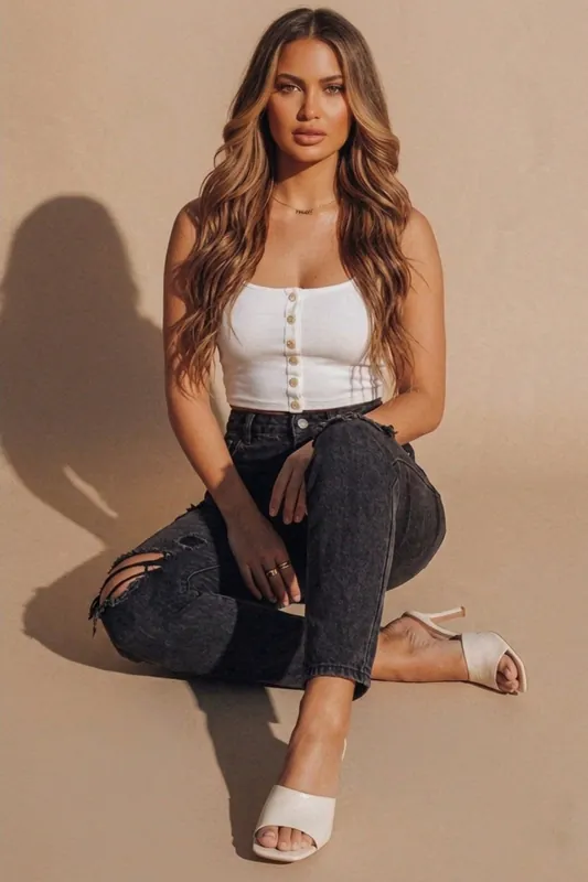 Black Distressed Reversible Fly Button Jeans - Sandrella