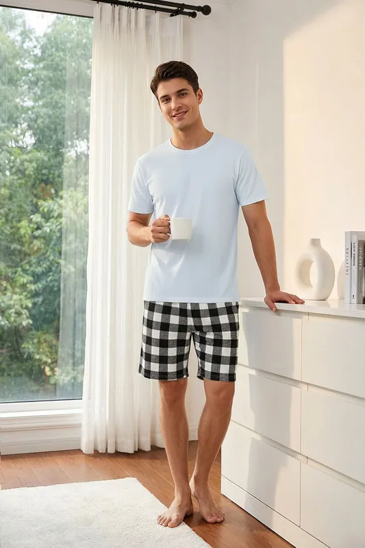 Crew Neck Pyjama Set with Checked Shorts - MODISHION