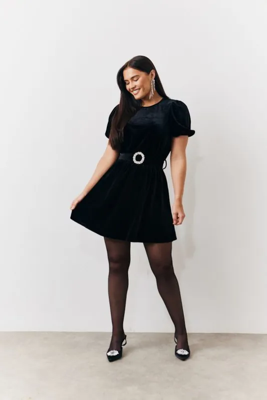 Black Velvet Embellished Belt Mini Dress - In The Style