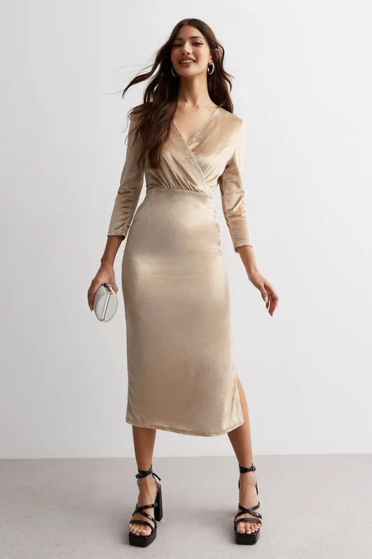Champagne Velvet Wrap Top Midi Dress - Gini London
