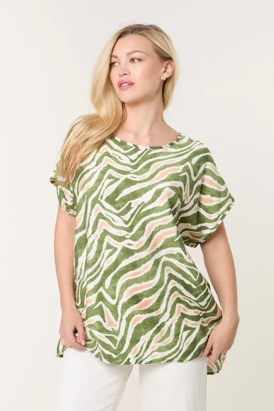 Green Animal Printed Diamante Detailed Top - Blue Vanilla