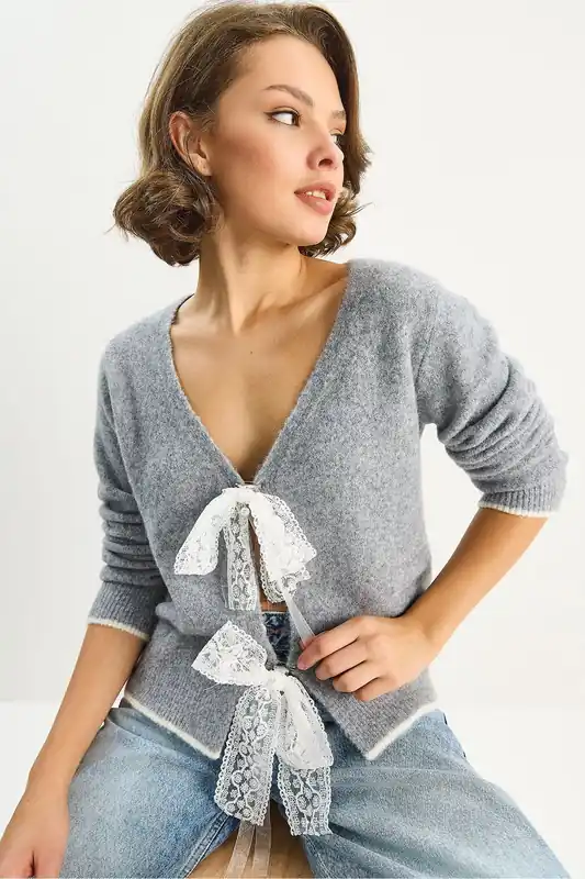 Knit V-Neck Cardigan with Lace Tie Closure