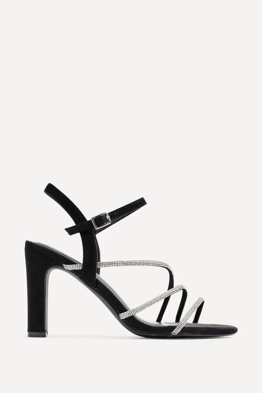 Matilda Black Faux Suede Diamante Block Heel - Linzi