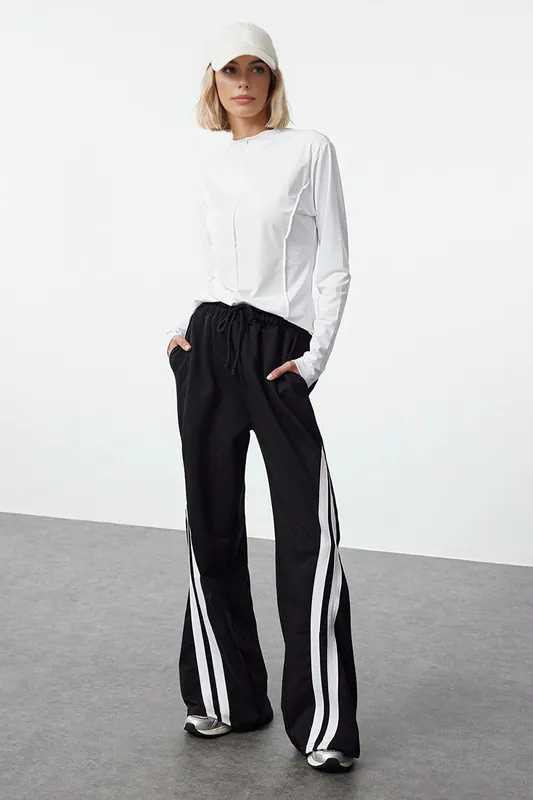 Contrast Side Stripe Drawstring Wide Leg Cotton Joggers - WOVCOR