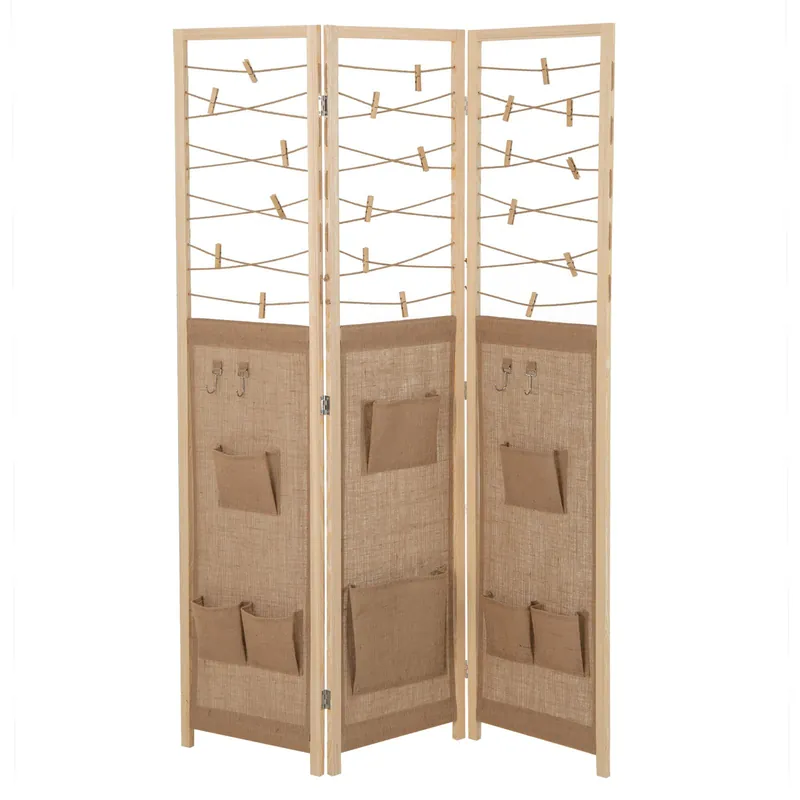 3-Panel Room Divider Folding Display Stand With 8 Pockets-Natural