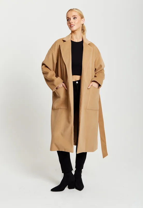 Belted Longline Coat in Camel - Liquorish