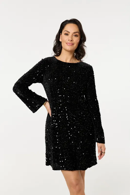 Black Sequin Long Sleeve Mini Dress - Liquorish