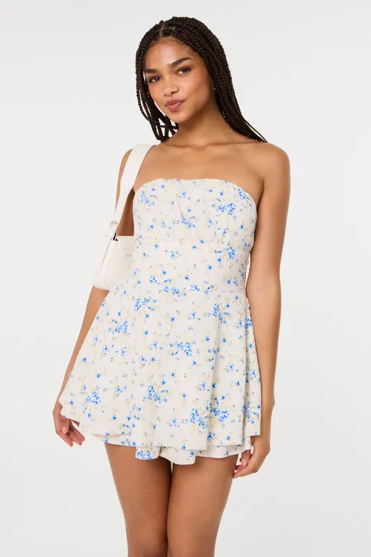 Ivory Tie Back Ditsy Bandeau Playsuit - Pink Vanilla