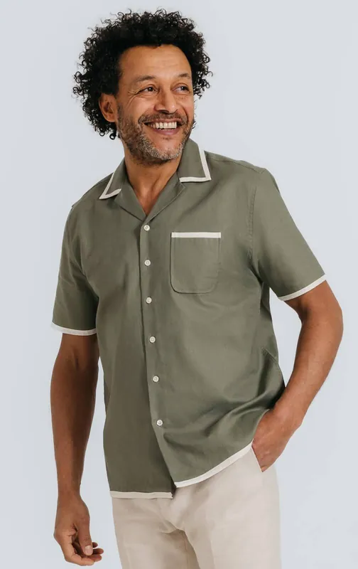 Khaki Cuban Collar Linen Shirt with Contrast Tipping - Dobell