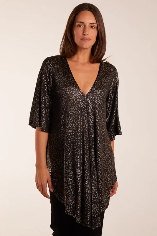 Leopard V Neck Tie Front Top - Blue Vanilla