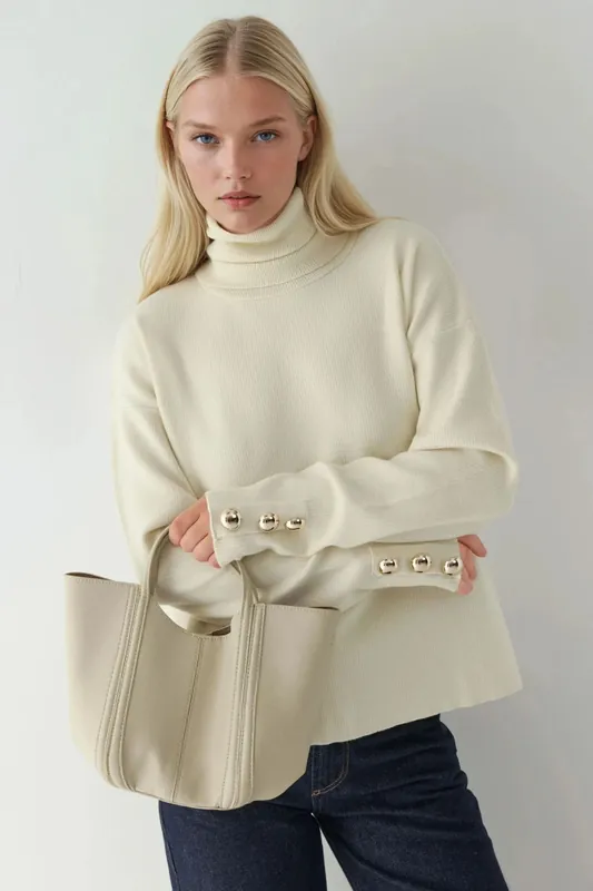 Thick Cream Jumper with Gold Button Details - Hiccup